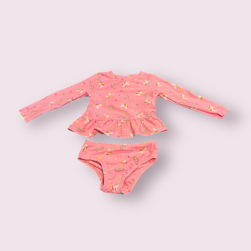 NWT Baby Gap Pink Rainbow Unicorns Two Piece Swimsuit With Ruffles Sz 2T